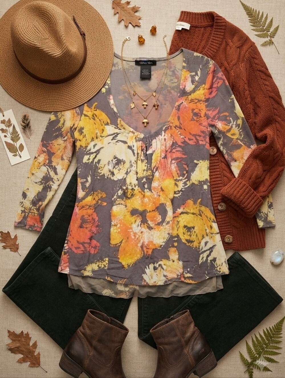 Calvin Klein Gray Yellow Red Abstract Floral Long Sleeve Mesh Blouse Top